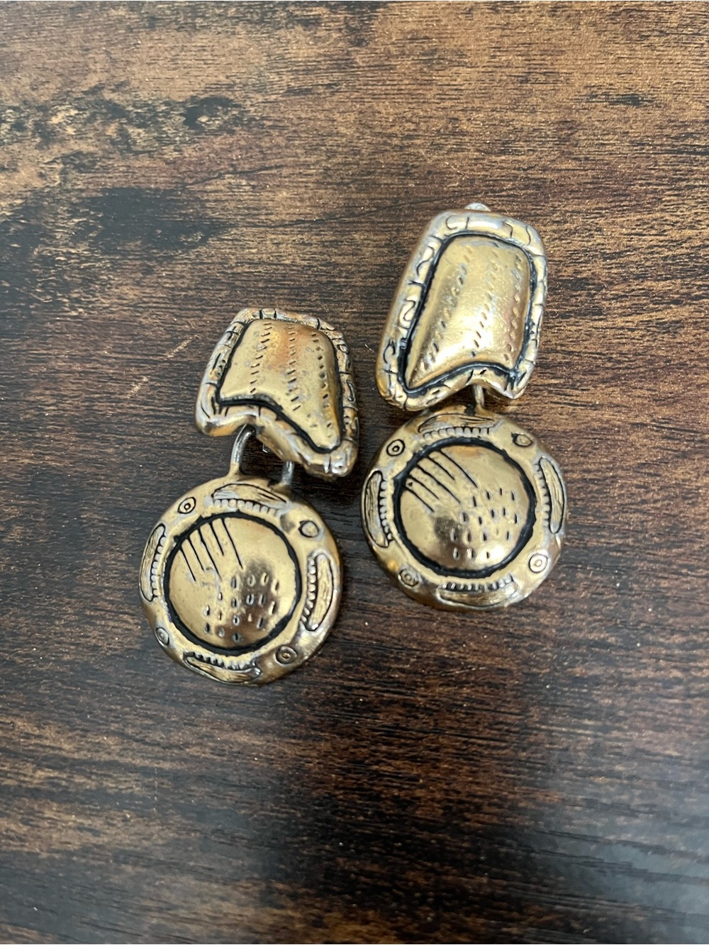 Vintage Brass Chunky Clips Earrings Circle Round Hoops Artsy Langenlook Clip On